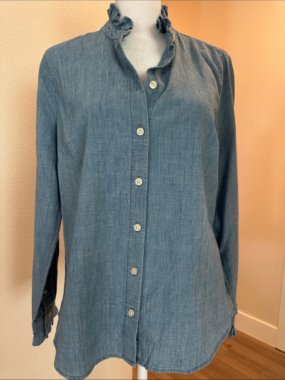 J. Crew Denim-Style Ruffled Collar Button-Down Shirt in Light Blue